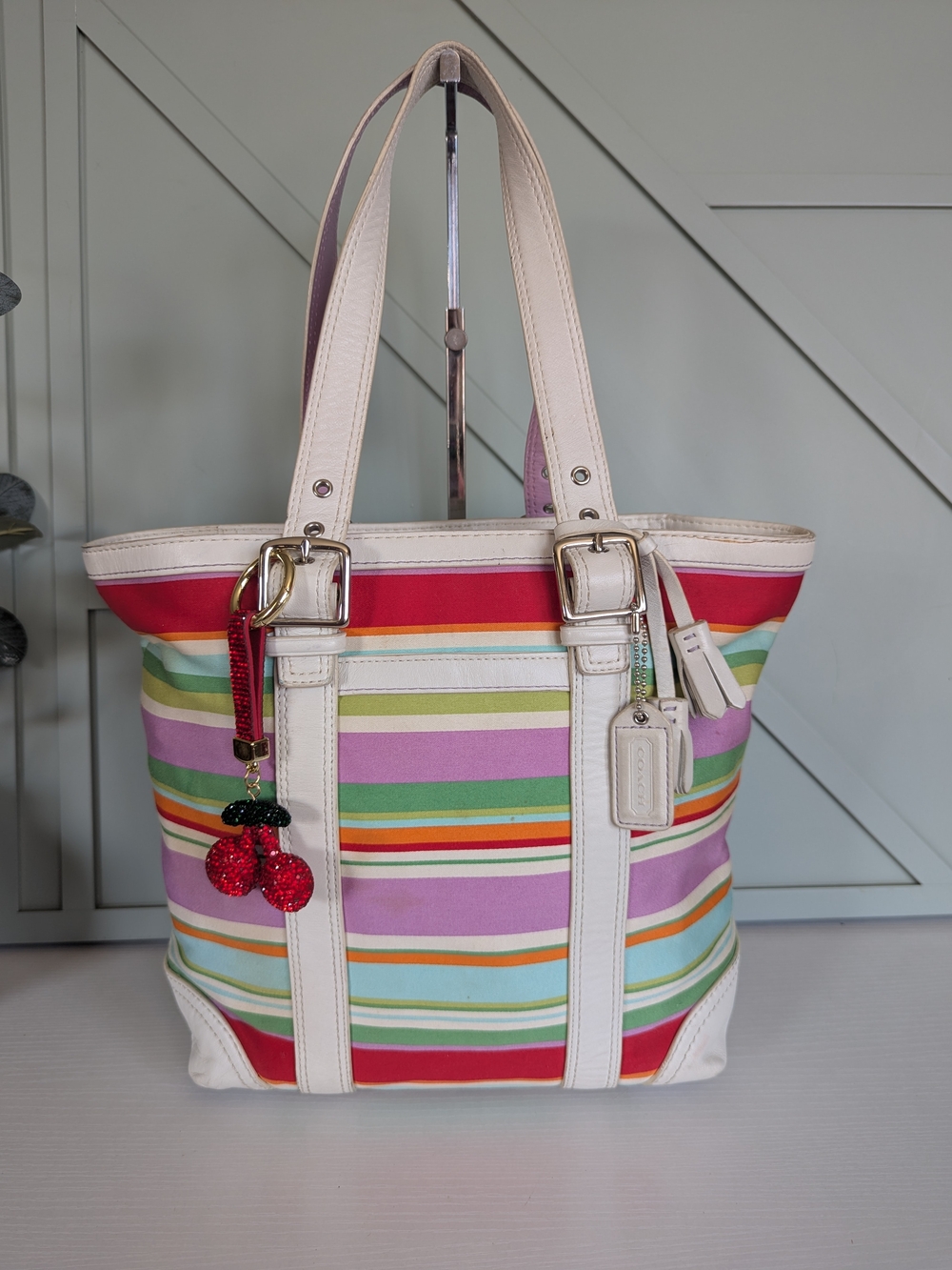 Coach Striped Canvas Tote with Pink, Red and Green Accents
